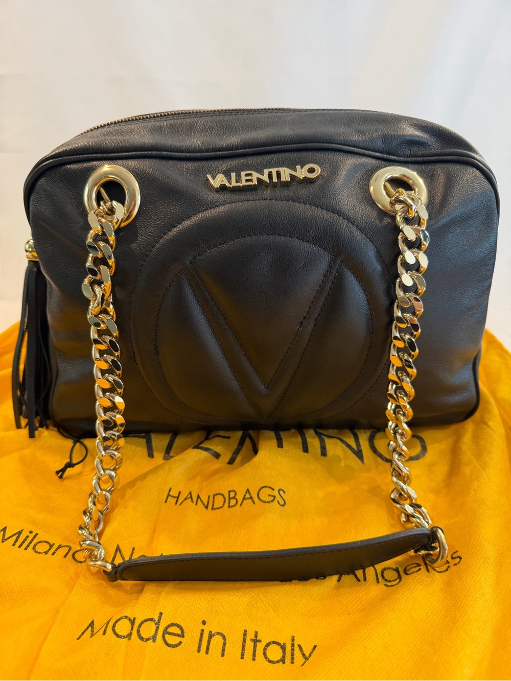 Valentino Black Leather Shoulder Bag with Gold Chain